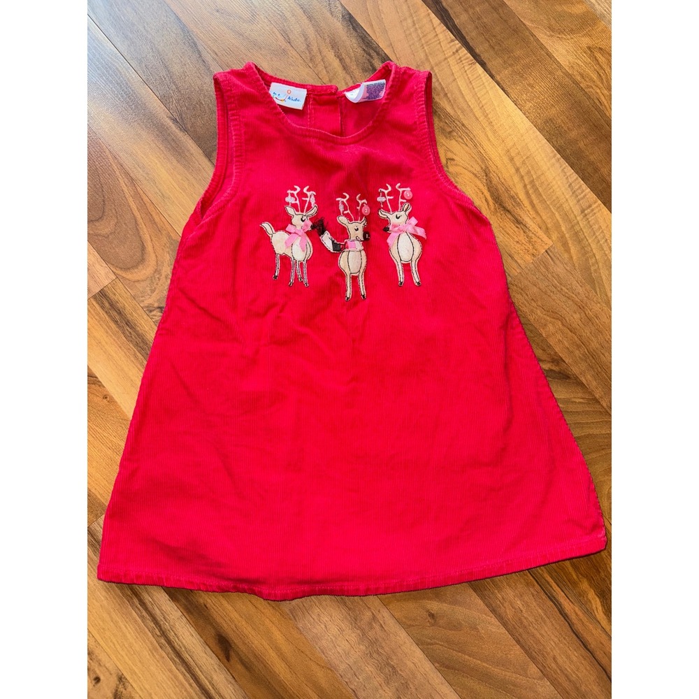 BT Kids Red Corduroy Reindeer Christmas‎ Holiday Dress 2T/2 corded embroidered